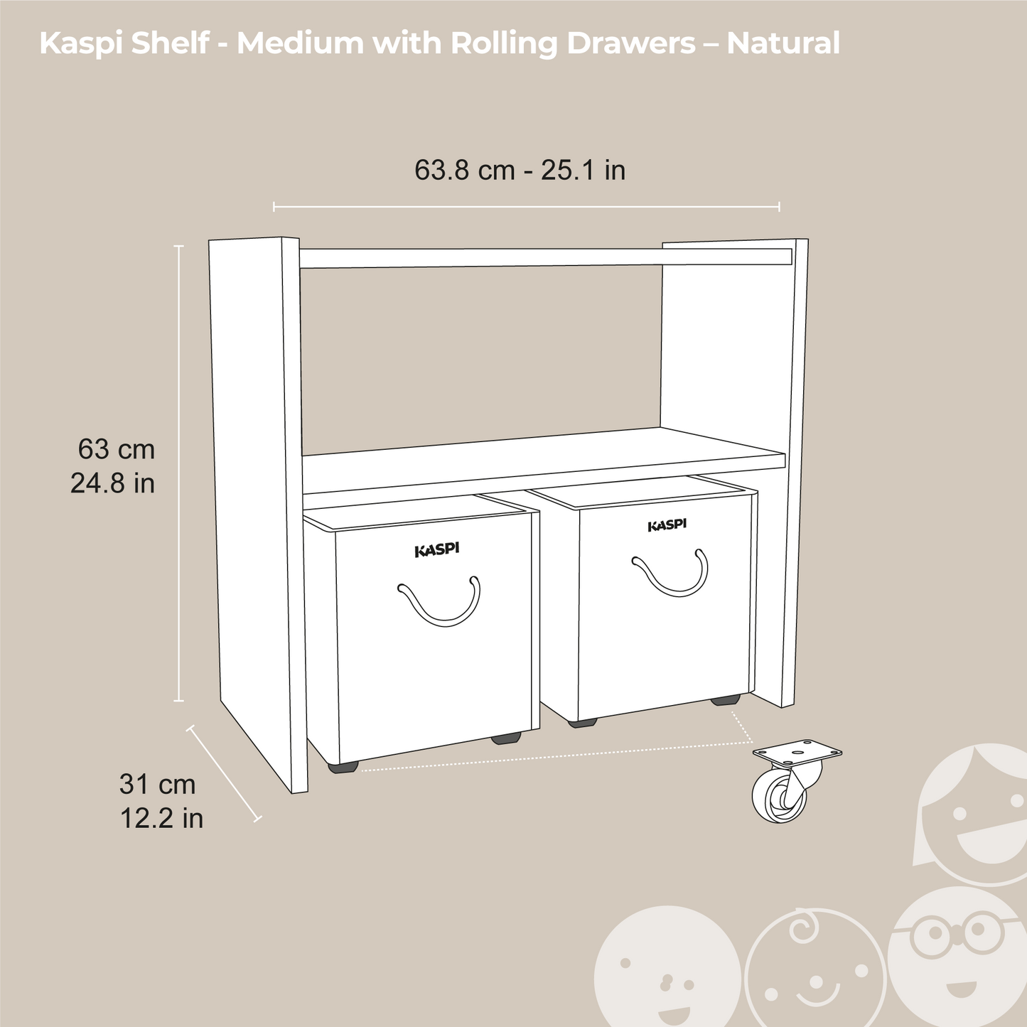 Kaspi Shelf – Medium with Rolling Drawers – Natural