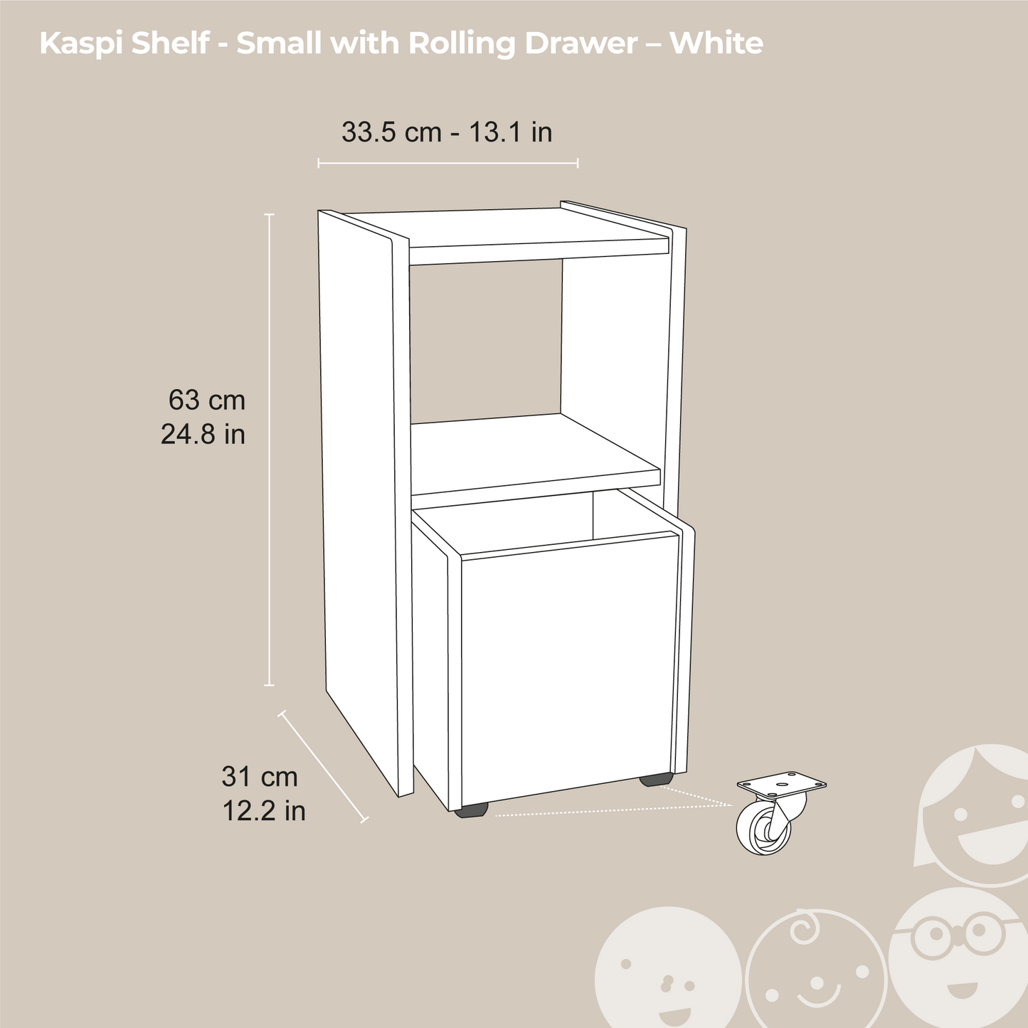 Kaspi Shelf – Small with Rolling Drawer – White