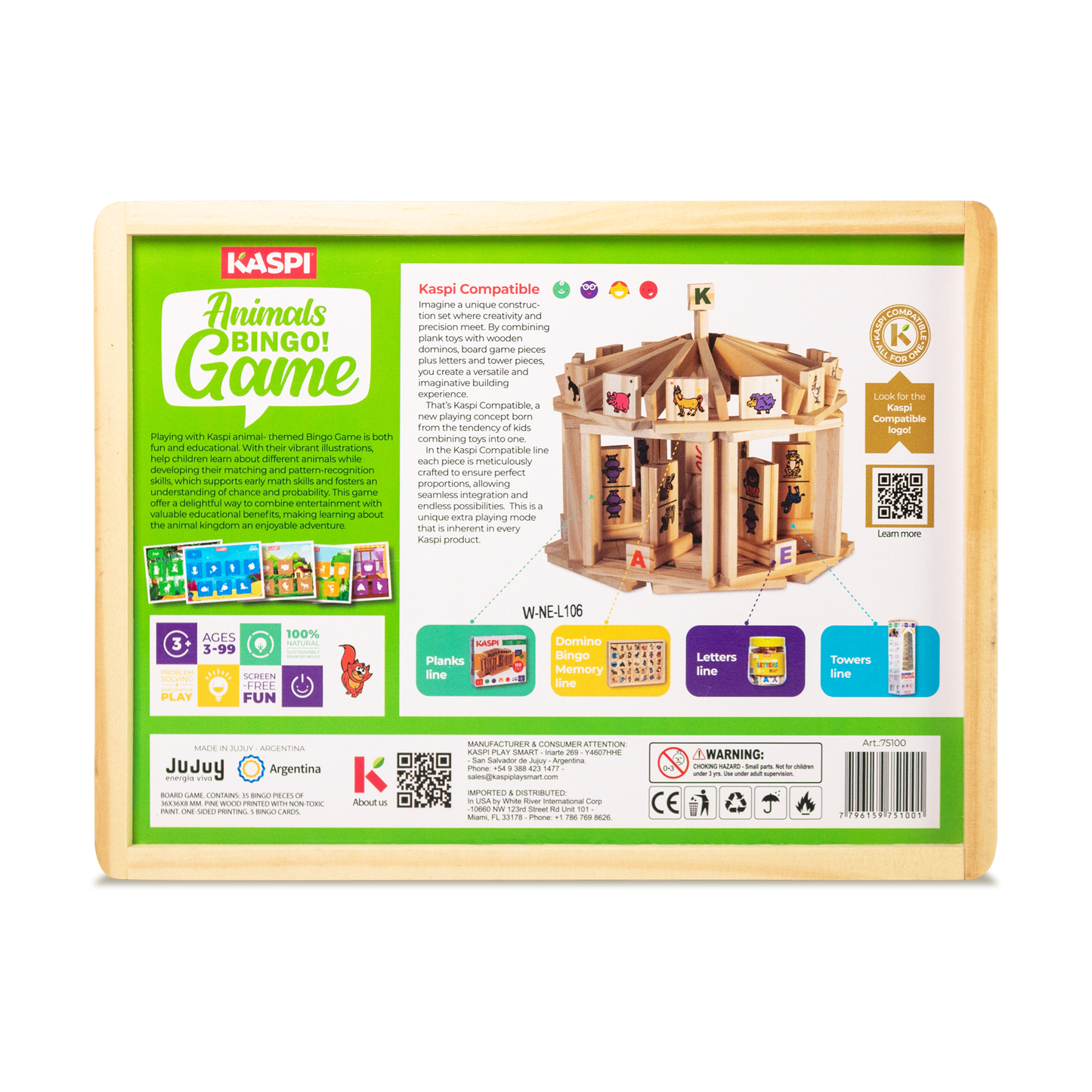Kaspi Animals Bingo Game x35, wooden box w/acrylic lid