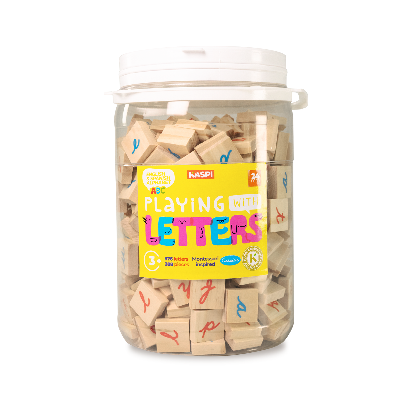 Playing With Letters 24mm Montessori inspired, (Cursive) x288 plastic jar