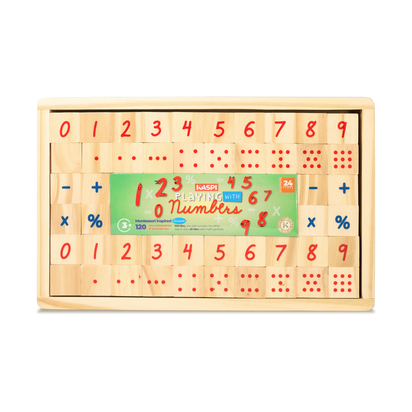 Playing With Numbers 24mm Montessori inspired, (Cursive) x120 Wooden tray